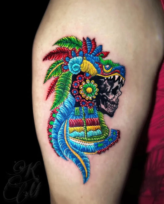 Medium Embroidery Mayan Jaguar Skull Headdress Tattoo on Women Arm by @kathmich_ink