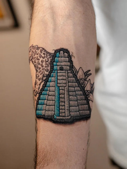 Medium Embroidery Mayan Pyramid with Leopard Tattoo on Men Arm by @sublimetattoogt