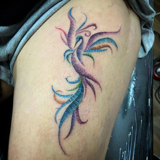 Medium Embroidery Phoenix Tattoo on Women Thigh by @santa_tinta