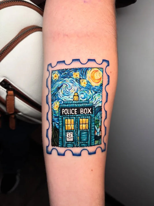 Medium Embroidery Police Box Stamp Tattoo on Women Arm by @cheyenne.tattoos