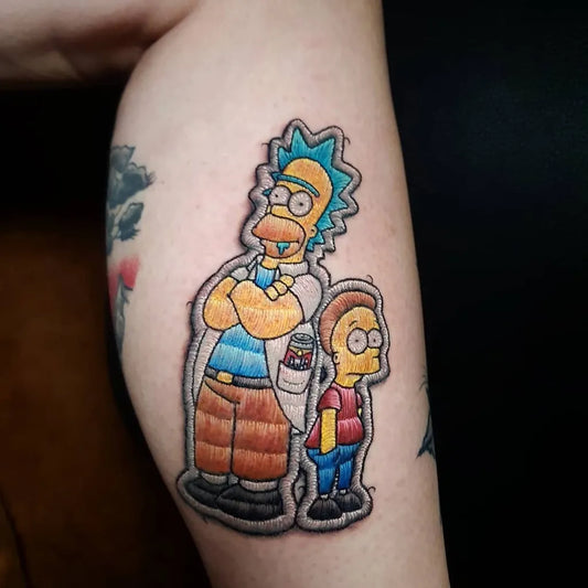 Medium Embroidery Rick and Morty Tattoo on Women Thigh by @inkpplcom