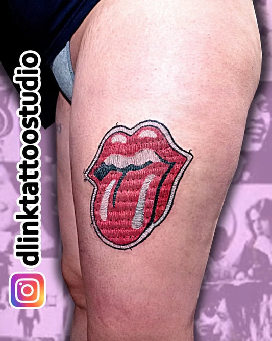 Medium Embroidery Rolling Stones Lips Tattoo on Women Thigh by @dlinktattoostudio