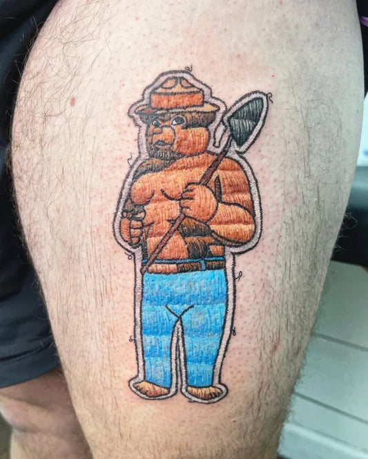 Medium Embroidery Smokey Bear Firefighter Tattoo on Men Thigh by @inkbyh