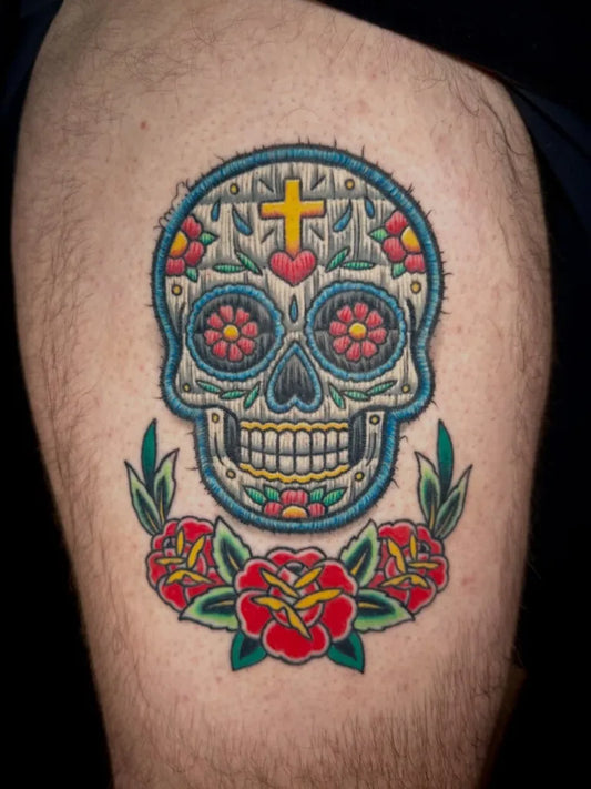 Medium Embroidery Sugar Skull with Roses and Cross Tattoo on Men Thigh by @cj_ugarte