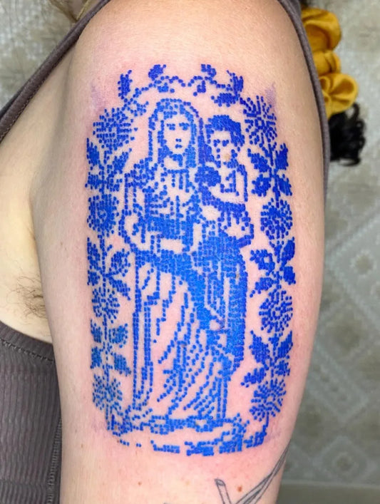 Medium Embroidery VirginMarywithChildandFloralFrame Tattoo on Women Arm by @shell_station_tattoo