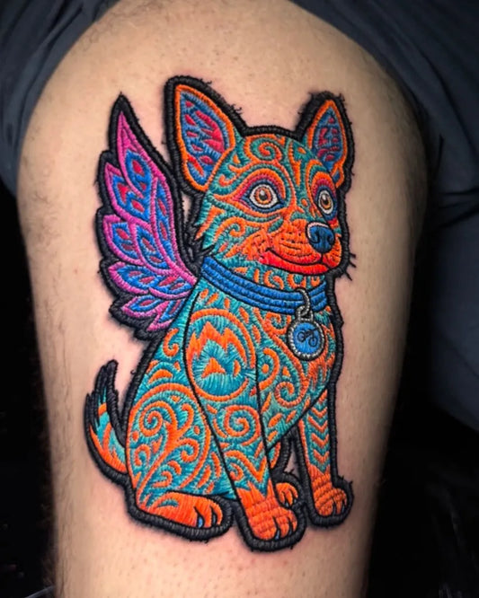 Medium Embroidery Winged Chihuahua Tattoo on Men Arm by @dudalozanotattoo