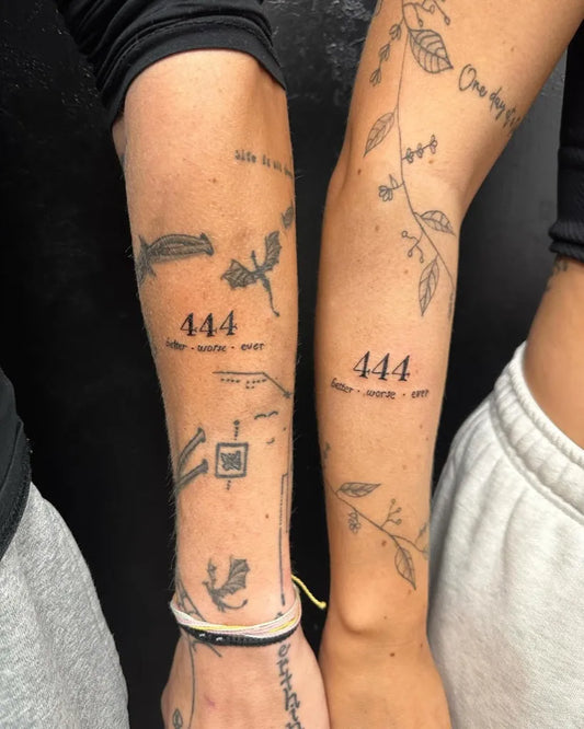 Medium Fine Line 444 Numbers Vines Dragons on Women Arm Tattoo by @rebelrosetattoo