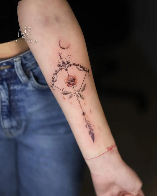 Medium Fine Line Arrow Rose Moon Tattoo on Women Arm by @nikoladosentattoo