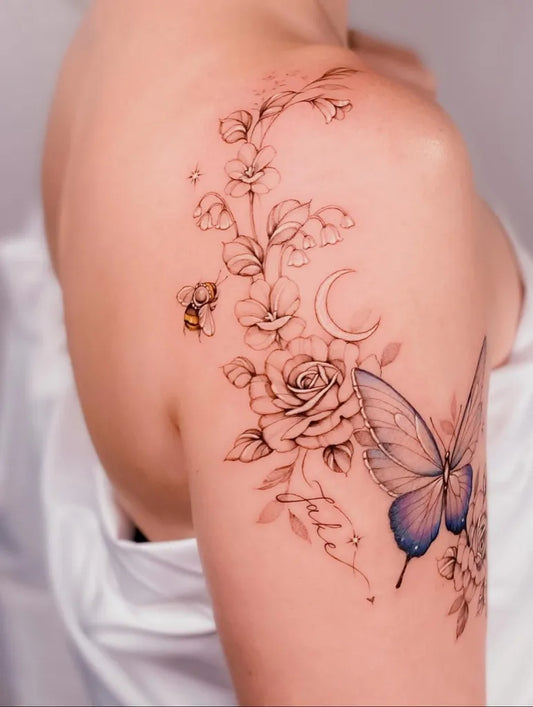 Medium Fine Line Bee Flower Butterfly on Women Shoulder Tattoo by @marytattooer