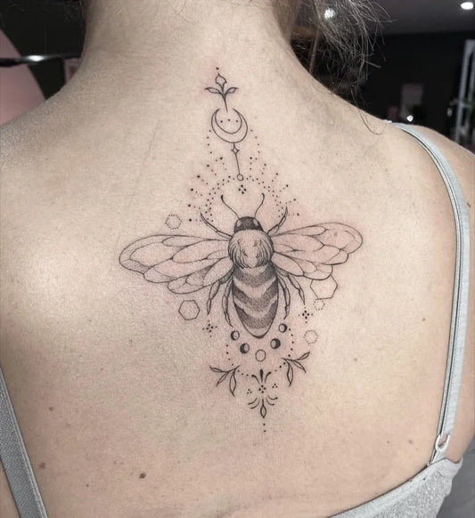 Medium Fine Line Bee with Mandala and Moon on Women Back Tattoo by @aawtattoo