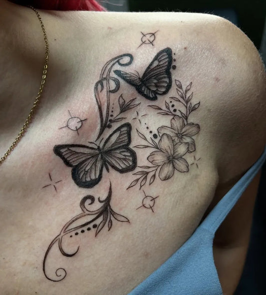 Fine Line Butterflies and Flowers on Women Shoulder Tattoo by @vonze_tatts