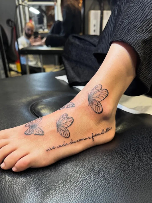 Fine Line Butterflies and Quote on Women Foot Tattoo by @mc_jabba