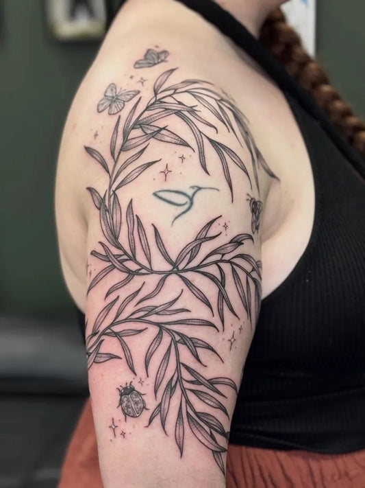 Medium Fine Line Butterfly Branch Bee Tattoo on Women Bicep by @cfuckingr