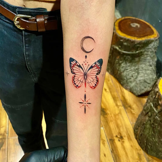 Fine Line Butterfly Moon Star on Women Forearm Tattoo by @ronnietattoo666