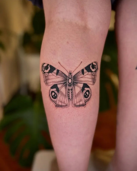 Fine Line Butterfly on Women Thigh Tattoo by @ulaluart