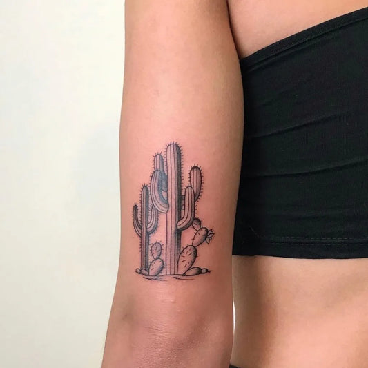 Medium Fine Line Cactus Tattoo on Women Arm by @infamous_ink_tattoo