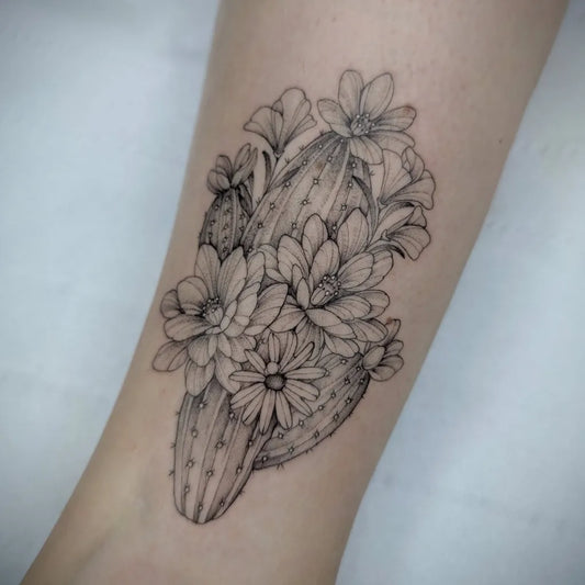 Medium Fine Line Cactus and Flowers Tattoo on Women Leg by @danibelleink