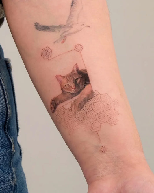 Medium Fine Line Cat and Seagull Tattoo on Women Arm by @ceydayildiztattoo
