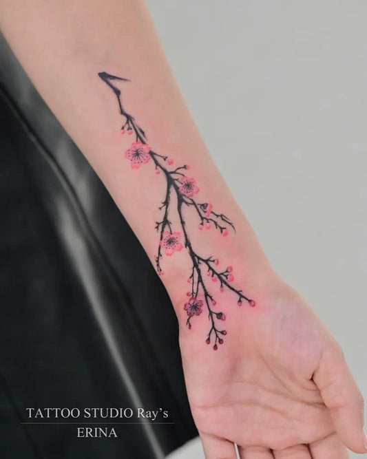 Medium Fine Line Cherry Blossom Branch on Women Arm Tattoo by @tattoostudiorays