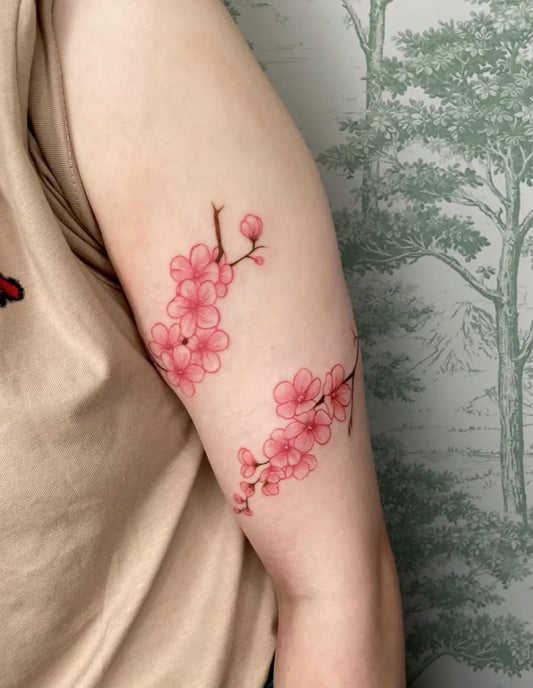Medium Fine Line Cherry Blossom on Women Arm Tattoo by @alicerosetattoo