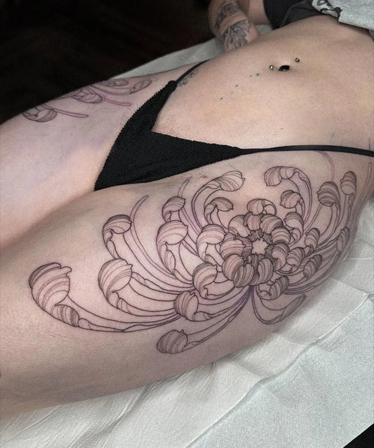 Medium Fine Line Chrysanthemum Tattoo on Women Hip by @emi1yelizabeth