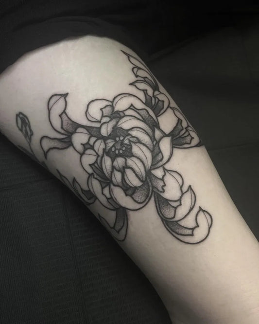 Medium Fine Line Chrysanthemum Tattoo on Women Thigh by @mxttc_tattoo