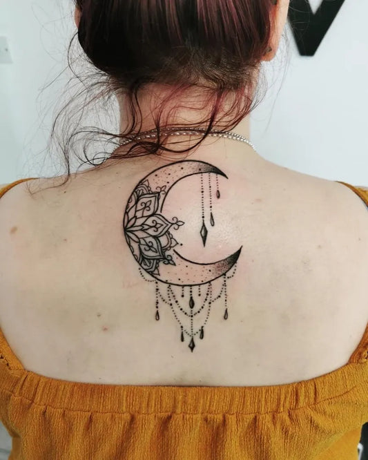 Medium Fine Line Crescent Moon Mandala Tattoo on Women Back by @midiantattoostudio