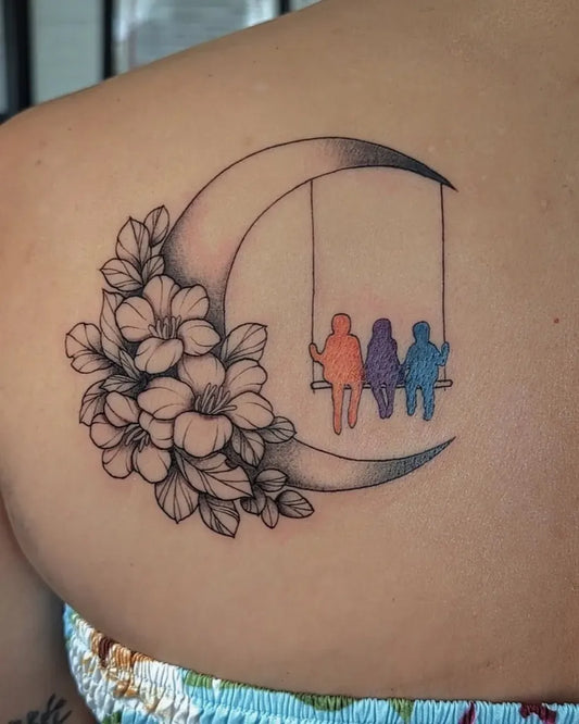 Medium Fine Line Crescent Moon Swing Family Tattoo on Women Shoulder by @lynk_ynk