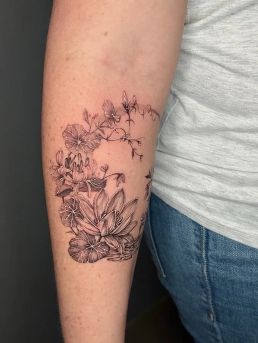 Medium Fine Line Crescent Moon and Flowers Tattoo on Women Arm by @janechocho