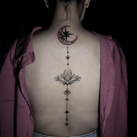 Medium Fine Line Crescent Moon with Mandala and Chain Women Back by @arnaz_disaster