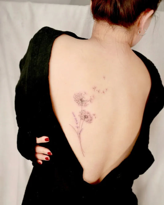 Medium Fine Line Dandelion and Seeds Tattoo on Women Back by @tattooist_flower