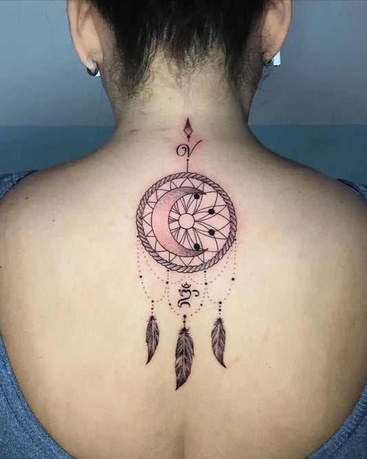 Medium Fine Line Dream Catcher with Mandala Moon and Om Tattoo on Women Back by @yantinotattoo_ubud