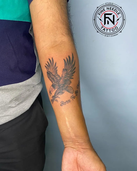 Medium Fine Line Eagle Tattoo on Men Arm by @fine_needle_tattoo_studio