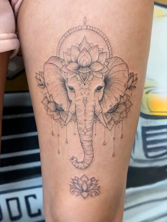 Medium Fine Line Elephant with Mandala and Lotus Tattoo on Women Thigh by @ginger.mermaid.tattoos