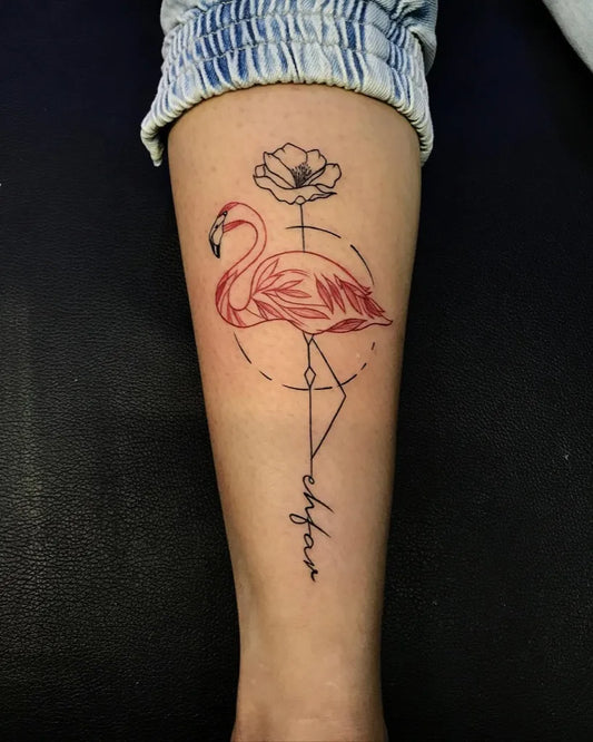 Medium Fine Line Flamingo and Poppy Tattoo on Women Arm by @kaptaan_tattoo