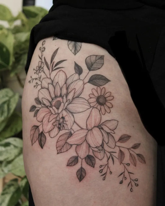 Medium Fine Line Floral Bunch Tattoo on Women Hip by @theartofeverett
