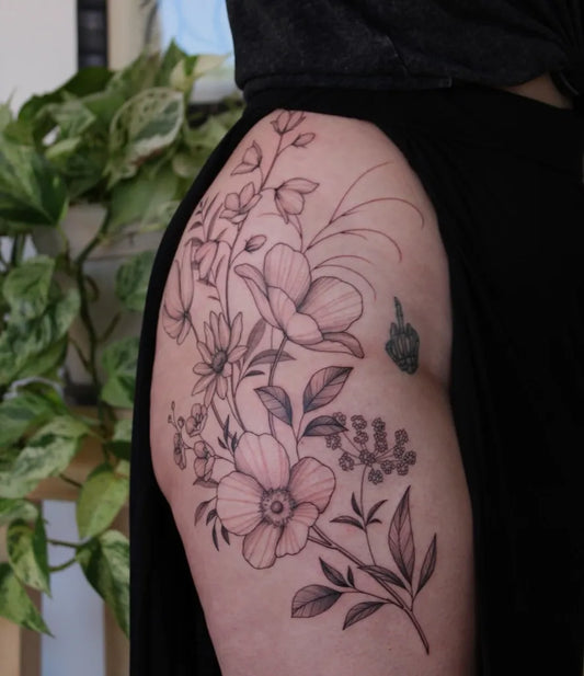 Medium Fine Line Floral Butterfly Tattoo on Women Hip by @theartofeverett