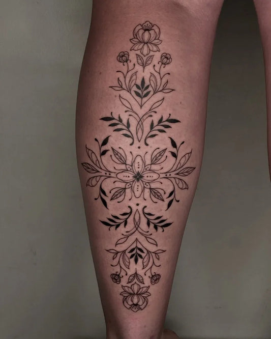Medium Fine Line Floral Mandala Tattoo on Women Calf by @inkedbychau