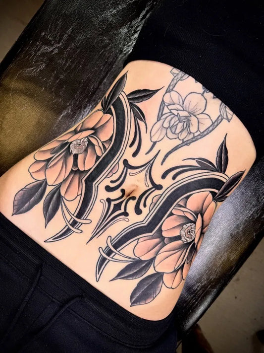 Medium Fine Line Floral Tattoo on Women Stomach by @_creativezombie_