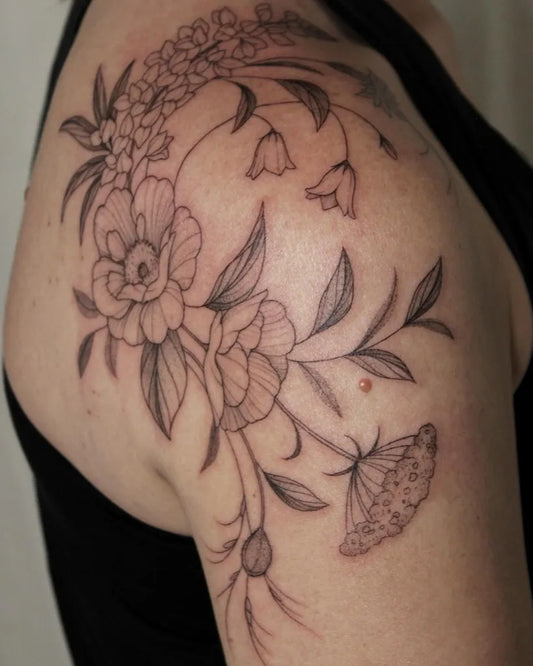 Medium Fine Line Floral Vine Tattoo on Women Shoulder by @theartofeverett