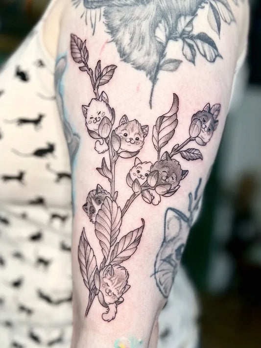 Medium Fine Line Flower Branch Cat Tattoo on Women Arm by @lordenstein_art