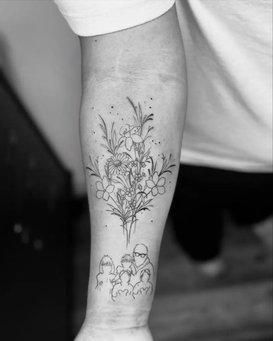 Medium Fine Line Flower Bunch and Silhouette Figures Family Tattoo on Women Arm by @zealous_ink