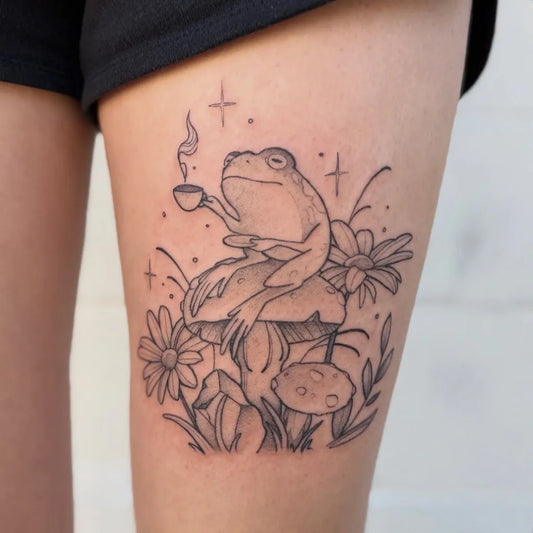 Medium Fine Line Frog with Mushroom and Daisies Tattoo on Women Thigh by @denisedoesart