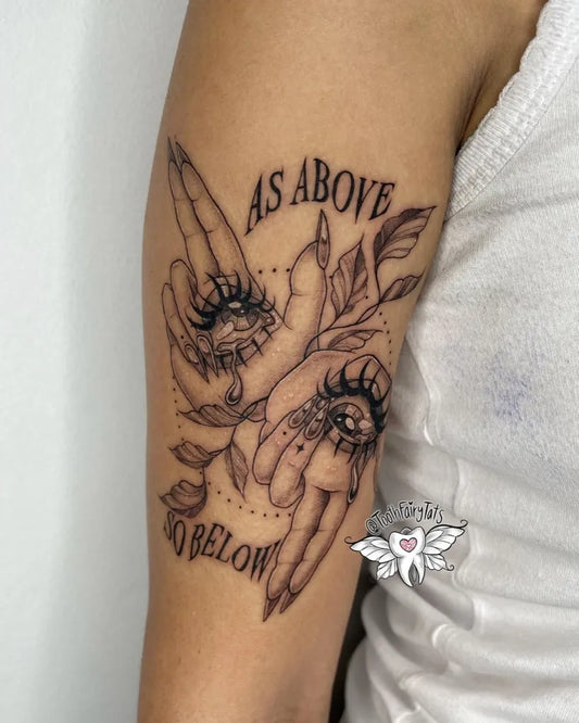 Medium Fine Line Hands with Eyes and Flowers Spiritual Tattoo on Women Arm by @toothfairytats
