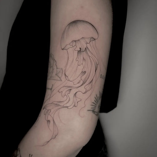 Medium Fine Line Jellyfish Tattoo on Women Arm by @sons_of_anarchink