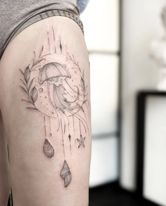 Medium Fine Line Jellyfish with Floral Wreath Tattoo on Women Thigh by @christinas.ink