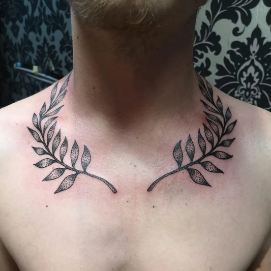 Medium Fine Line Laurel Wreath Tattoo on Men Neck by @nasestattoostudio