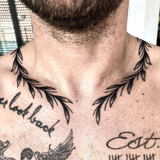 Medium Fine Line Laurel Wreath Tattoo on Men Neck by @saphirtattoos