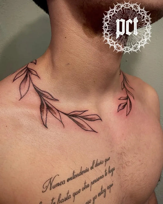 Medium Fine Line Laurel Wreath and Script Tattoo on Men Neck by @playersclubtattoomaastricht