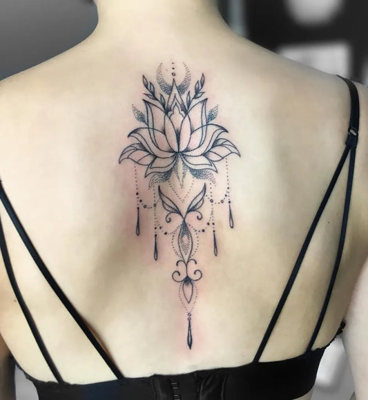 Medium Fine Line Lotus Flower Mandala on Women Back Tattoo by @suendige_haut_tattoo